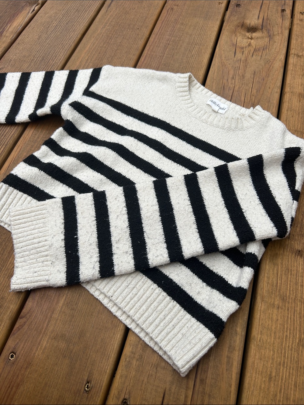 Girls Striped Crewneck Sweater in Black and Cream